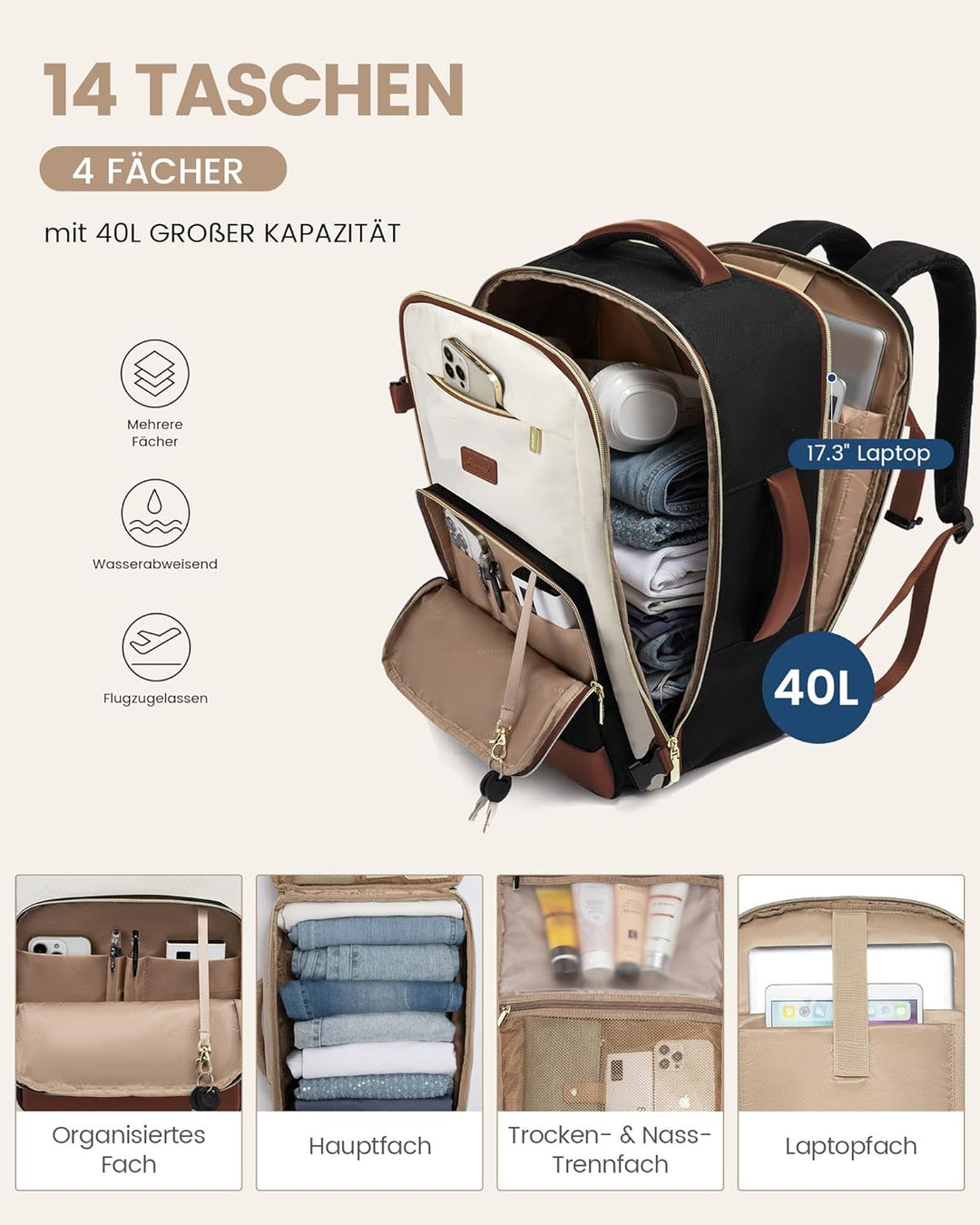 LOVEVOOK Handgepäck Rucksack, 17.3 Zoll Rucksack Handgepäck Flugzeug, Gross Reiserucksack Damen Spri