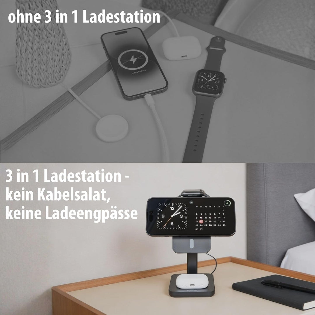 Brennenstuhl 3 in 1 Ladestation (magnetisches Ladepad 15W für Smartphones mit Qi2, Qi2-kompatibel, k