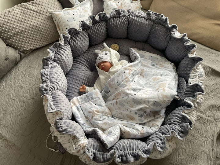 ENGELSNEST Kingsize XXL BABYNEST Nestchen-Ø 90cm Krabbledecke-Ø 155cm 2seitig Babynestchen Babykokon