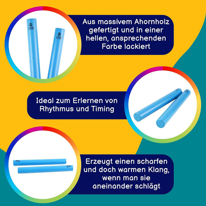 A-Star Blue Wood Claves, 20 cm – Packung mit 10 Paaren – Handrhythmusstäbe, Holzschlaginstrument Bla