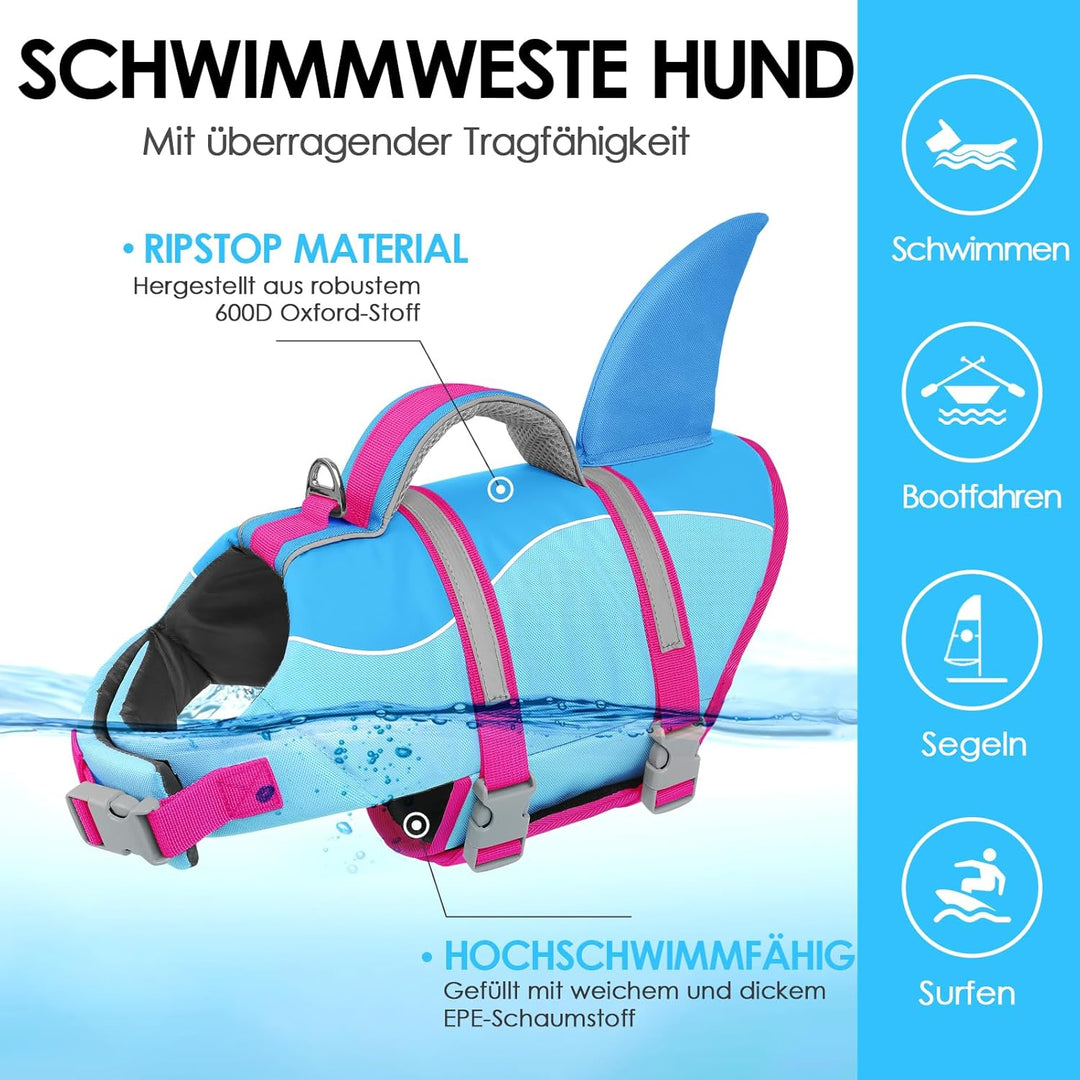 AOFITEE Schwimmweste Hund XS, Verstellbar Hundeschwimmweste Hai, Hoher Auftrieb Klein Hunde Schwimmw