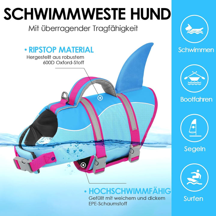 AOFITEE Schwimmweste Hund XS, Verstellbar Hundeschwimmweste Hai, Hoher Auftrieb Klein Hunde Schwimmw