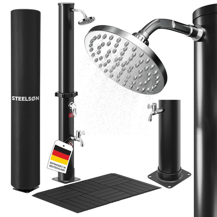 STEELSØN Velion Solardusche Garten 20 L – Solar Gartendusche mit Bodenplatte – Aussendusche schwarz