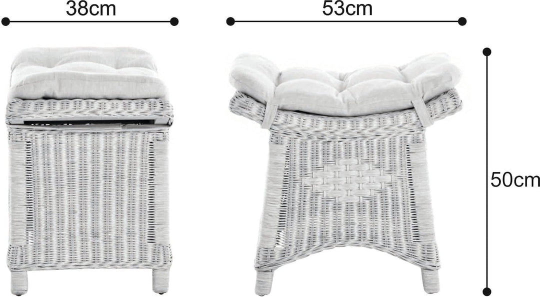 Fusshocker mit geschwungener Ablage, Stabiler Sitzhocker/Schemel/Hocker aus echtem Rattan mit Kissen