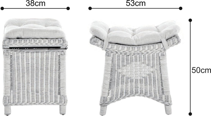 Fusshocker mit geschwungener Ablage, Stabiler Sitzhocker/Schemel/Hocker aus echtem Rattan mit Kissen