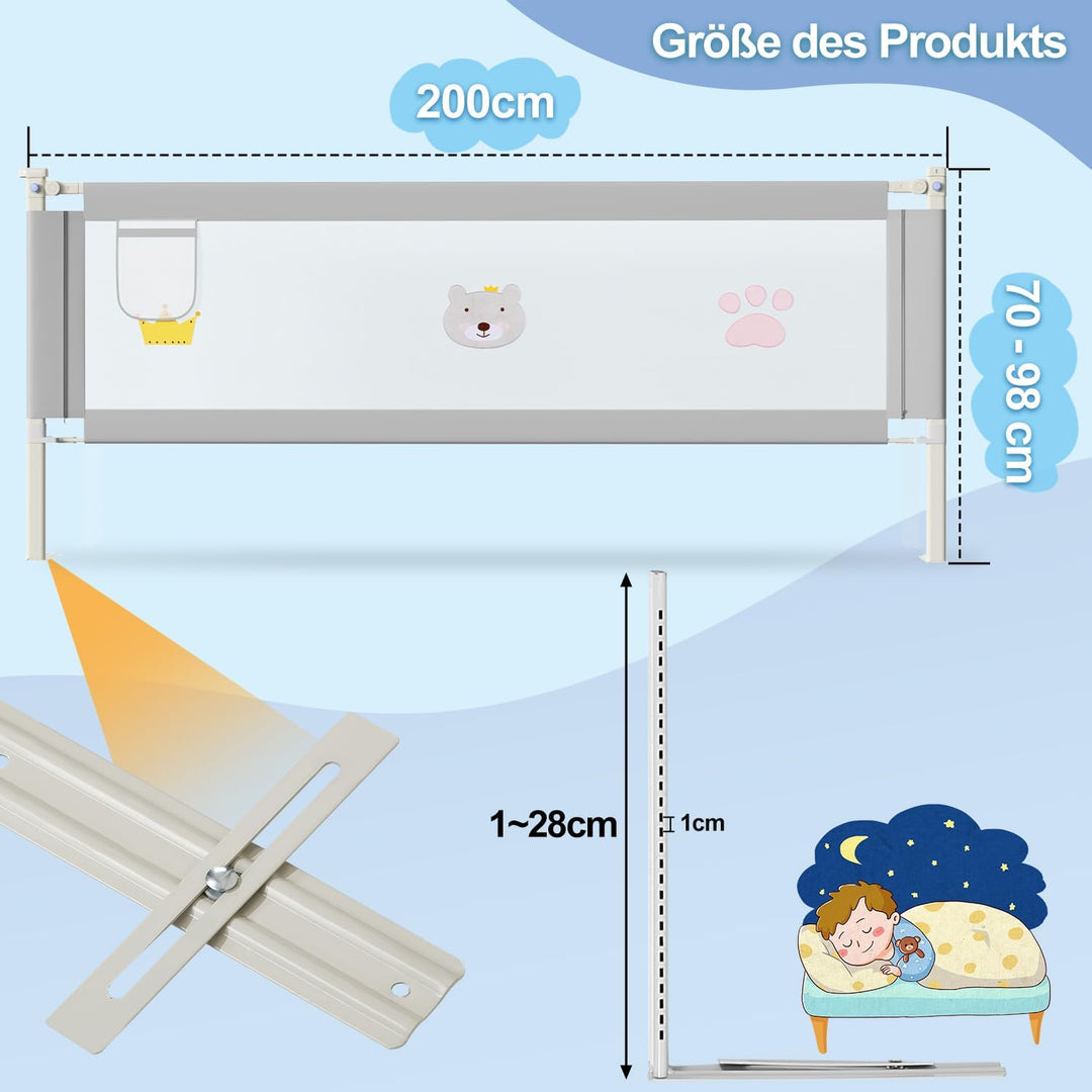 Ikodm Bettgitter 200cm, 70-98 cm Höhenverstellbar, Babybettgitter für Kleinkinder, Rausfallschutz Be