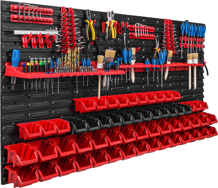 Lagersystem Werkstattregal | 156 x 78 cm | 58 stck. Box | Wandregal mit Werkzeughalterungen und Stap