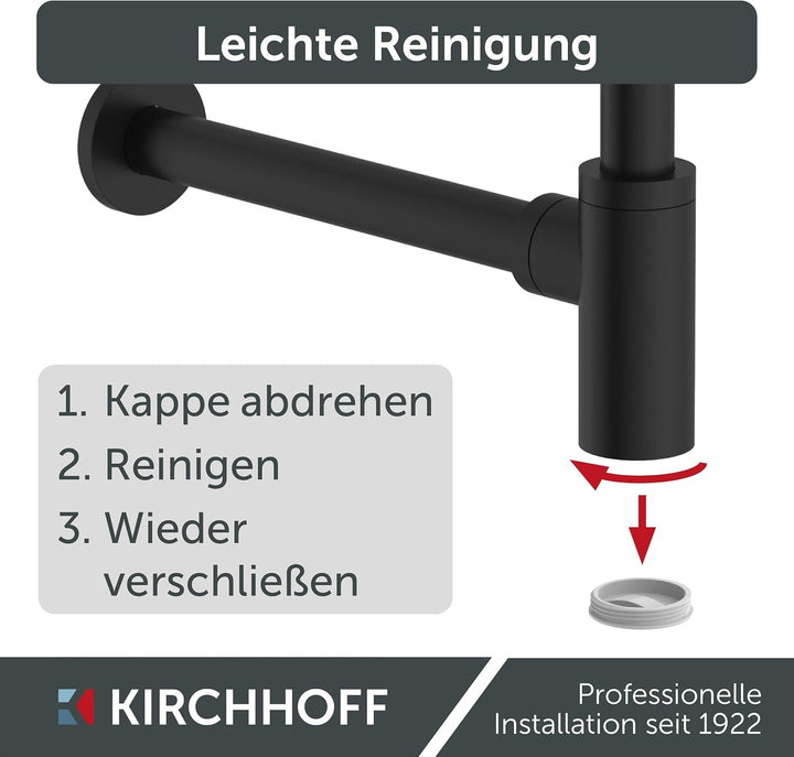KIRCHHOFF Design Siphon, Matt Schwarzer Abfluss, Ablaufgarnitur für Waschbecken und Waschtisch, Geru