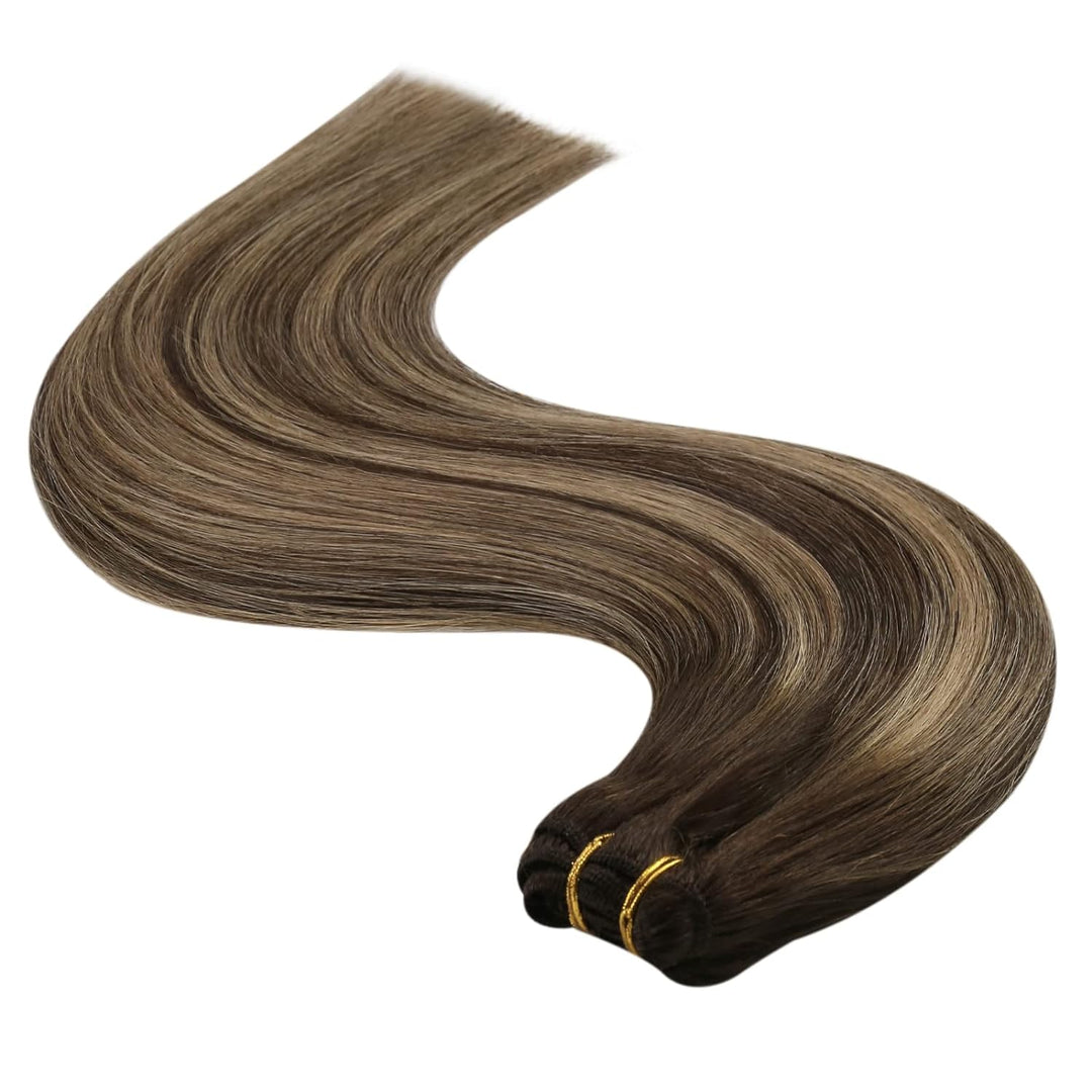 YoungSee Echthaar Tressen Ombre Tressen Echthaar zum Einnahen 45cm Haartressen Echthaar Dunkelbraun