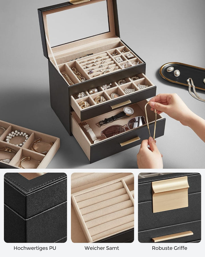 SONGMICS Schmuckkästchen, Schmuckkasten mit 4 Ebenen, Schmuckbox mit Glasdeckel, 3 Schubladen, für S