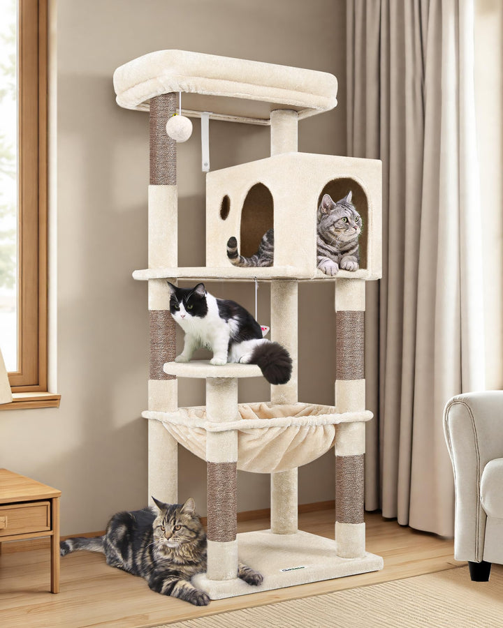 Globlazer Kratzbaum Beige mit Extragrosse Hängematte 45 * 40cm, Grosse Katzenhaus, Gepolsterte Platt