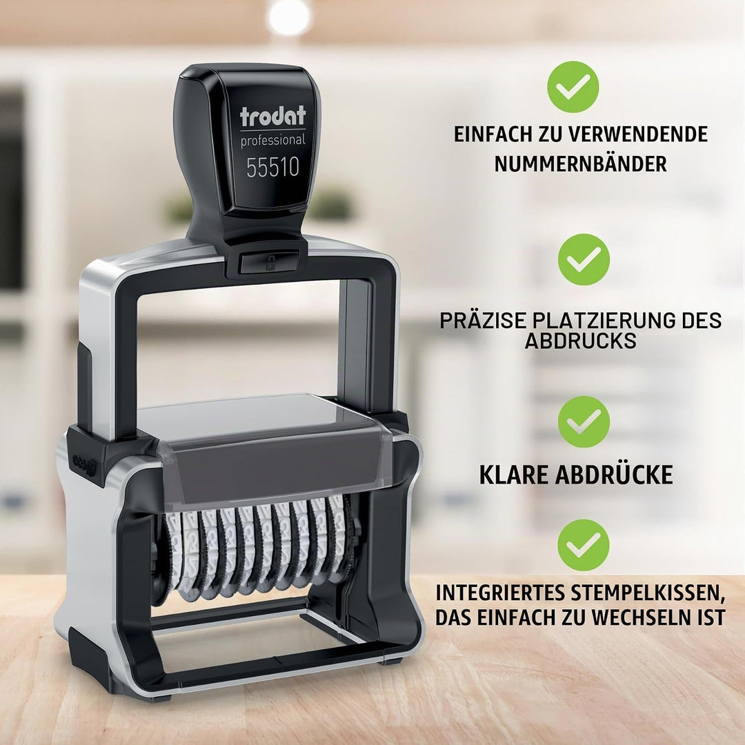 Trodat Professional 55510 Nummernstempel 10 Bänder, Selbstfärbend, 5 mm Schrifthöhe, Abdruck schwarz