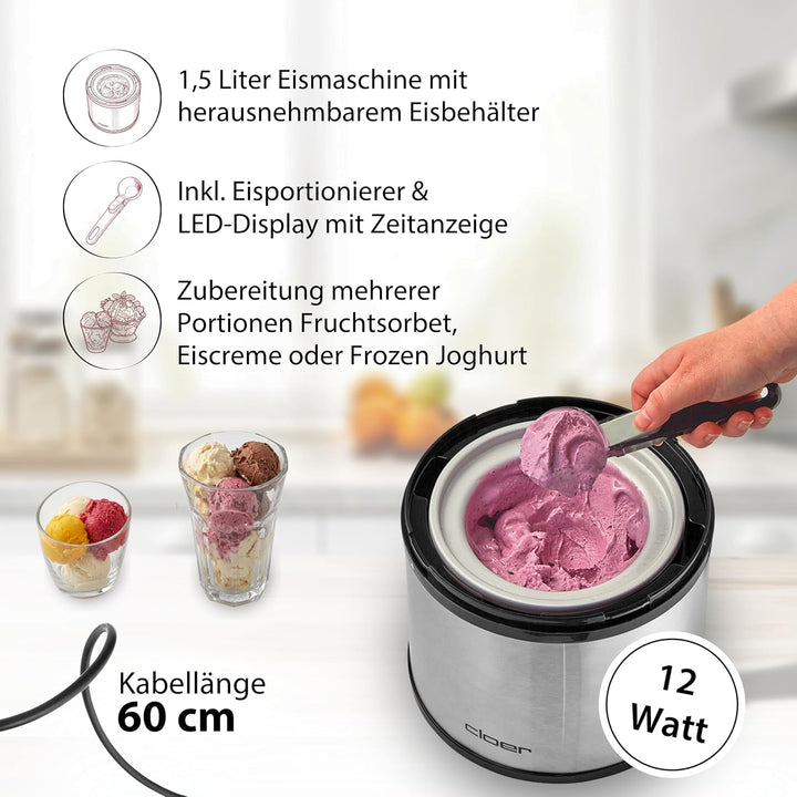 Cloer 9959 Eismaschine für Eis Creme, Eis, Frozen Joghurt und Sorbet, 1,5 l Fassungsvermögen, LED-Di