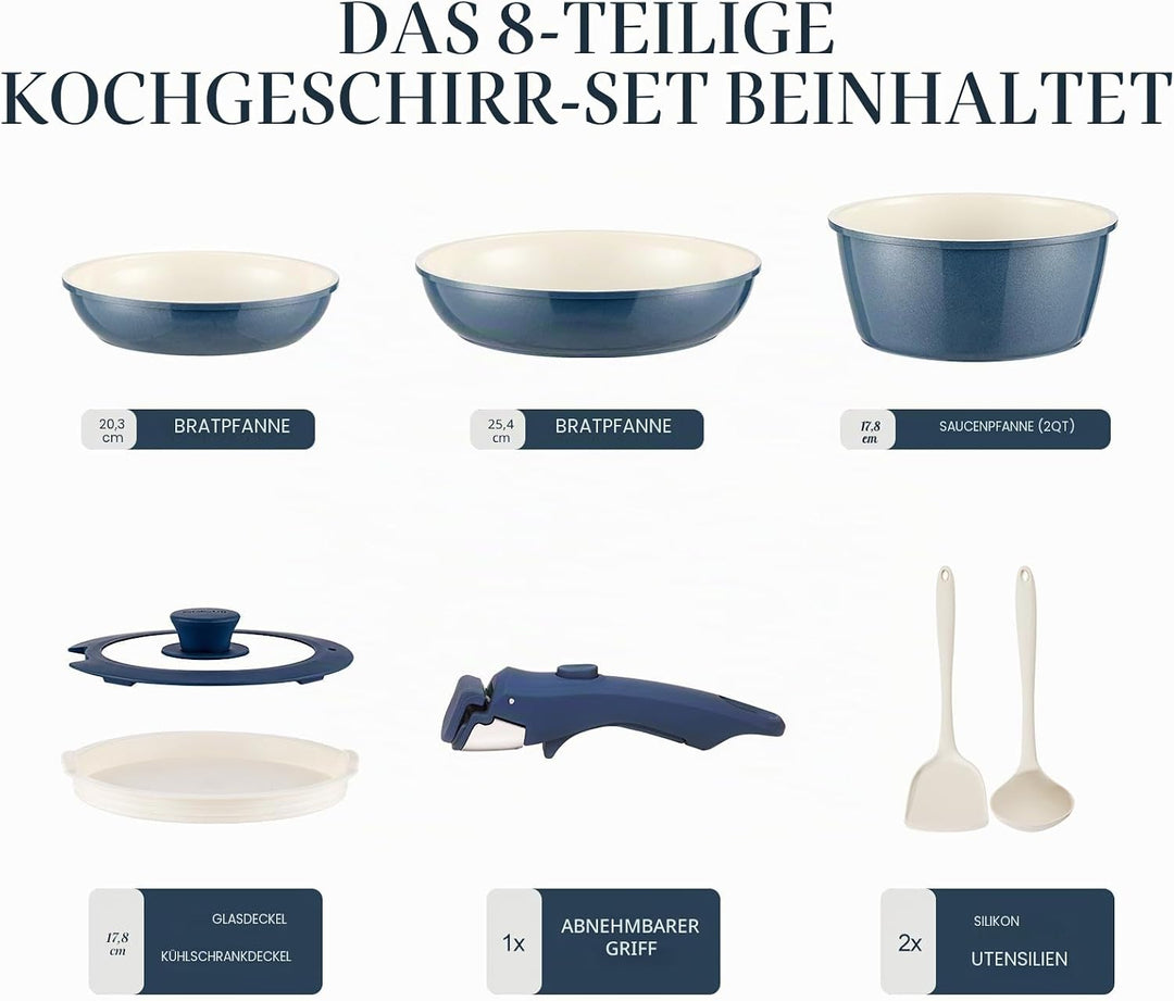 Keramik Topfsets Pfannenset 8 Teilig mit Abnehmbaren Griffen induktionsgeeignet mit Bratpfannen ofen
