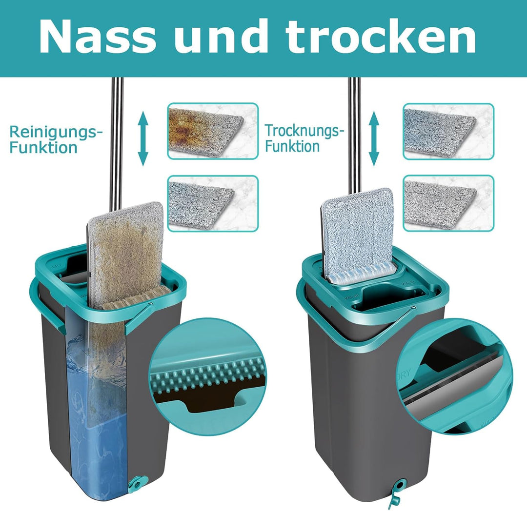 Masthome Wischmopp und Eimer Set, Flacher Bodenwischer mit 6 Mikrofaser-Wischpads und 148 cm Edelsta