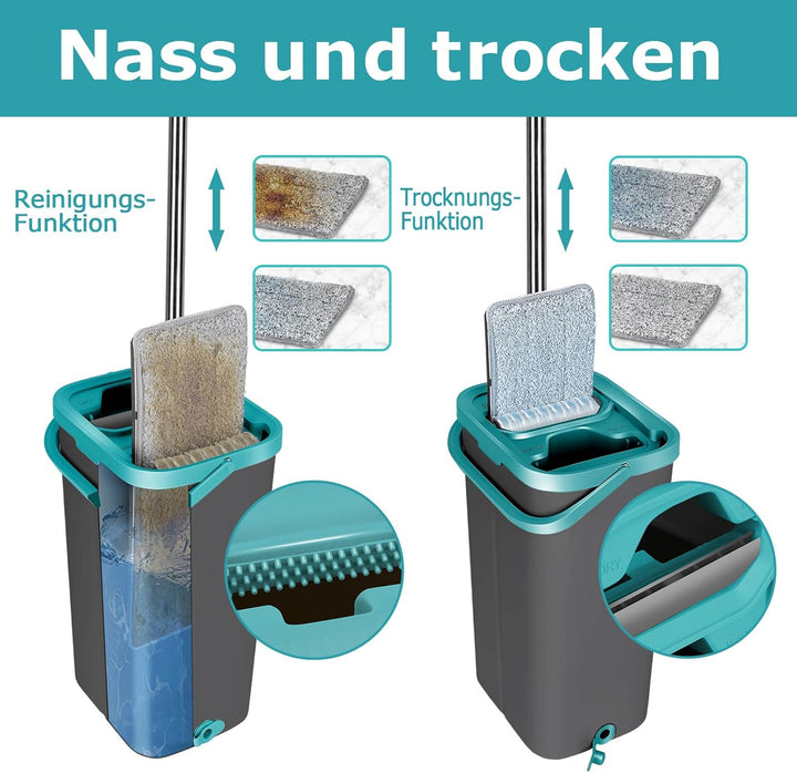 Masthome Wischmopp und Eimer Set, Flacher Bodenwischer mit 6 Mikrofaser-Wischpads und 148 cm Edelsta