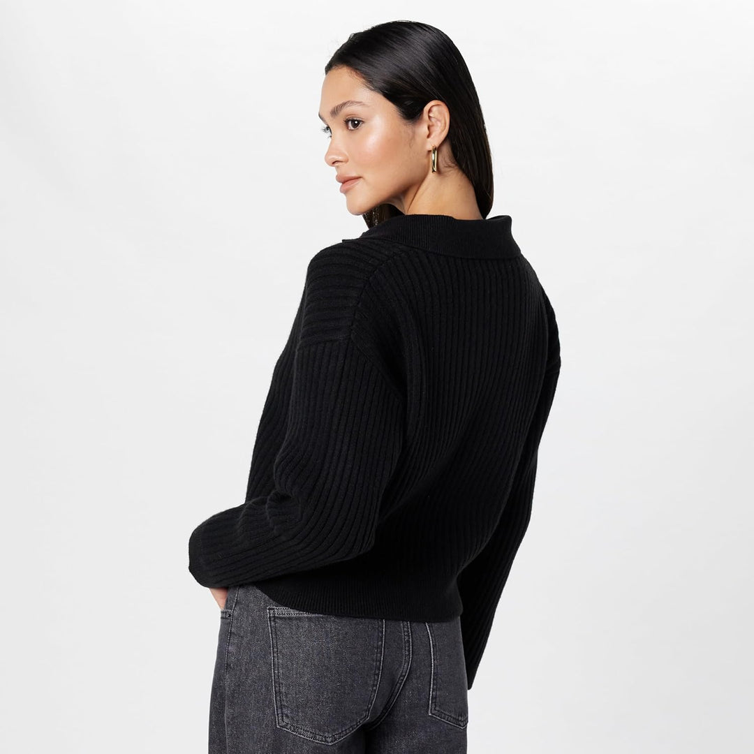 The Drop Damen Marcy Geripptes Polotop Pullover Sweater (1er Pack) M Schwarz, M Schwarz