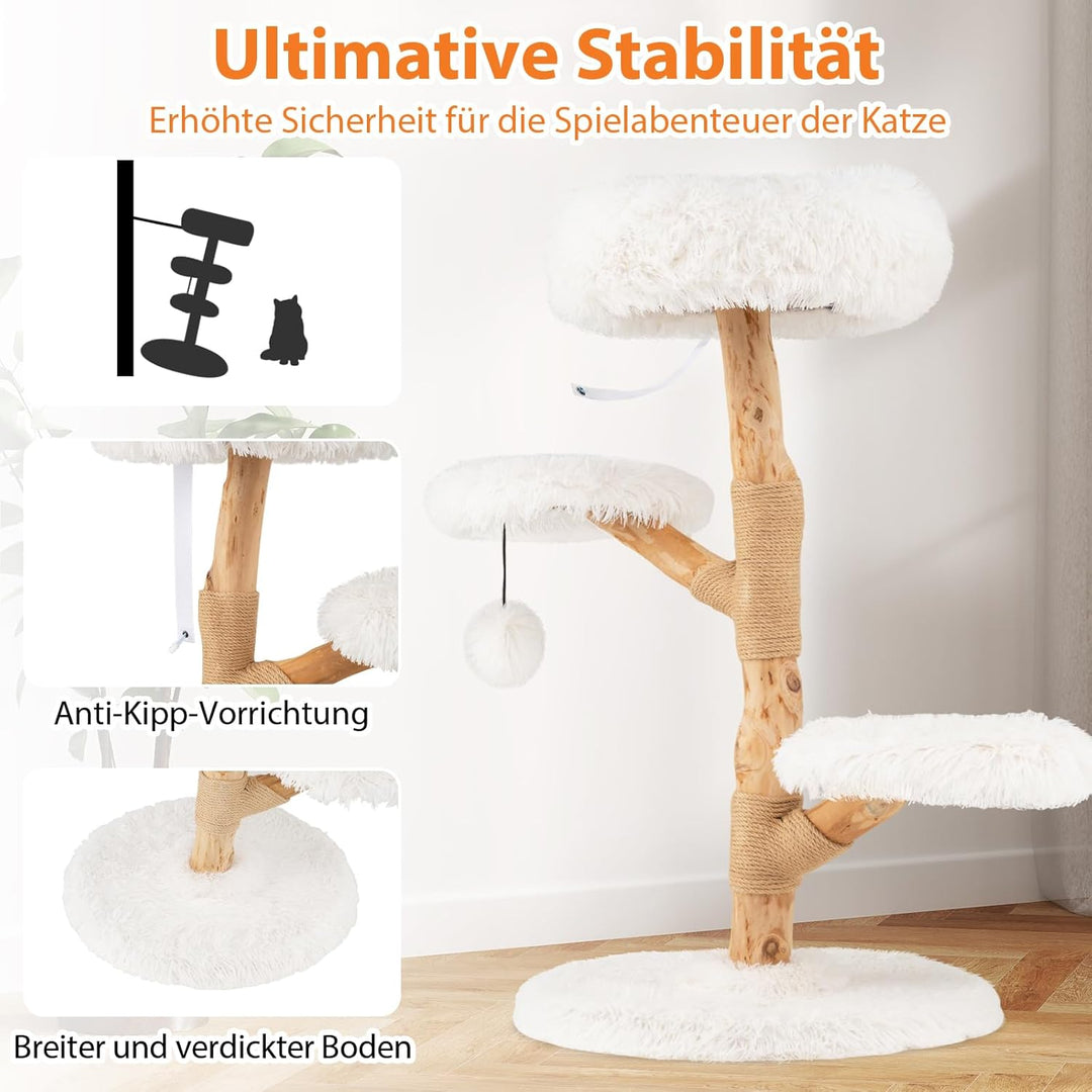 COSTWAY 90cm Kratzbaum Holz, Katzenbaum mit 4 Plüschsitzflächen, Ball & Kratzpfosten aus Jute und Ma