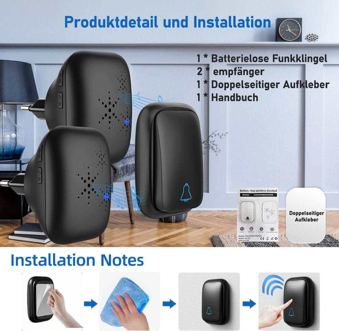 Batterielose Funkklingel Aussen Wasserdicht mit 2 Empfängern, IP68 Wasserdicht Türklingel Funk, 150m