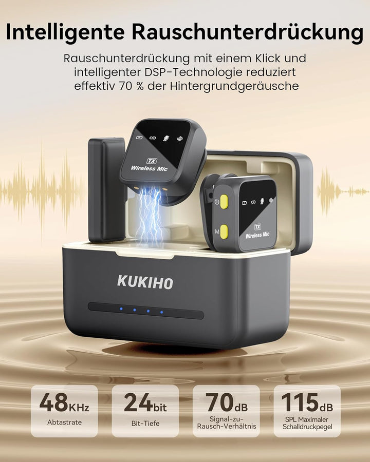 Kabelloses Lavalier Mikrofon mit Ladekoffer, 80h Akkulaufzeit, Rauschunterdrückung, 50m Reichweite,