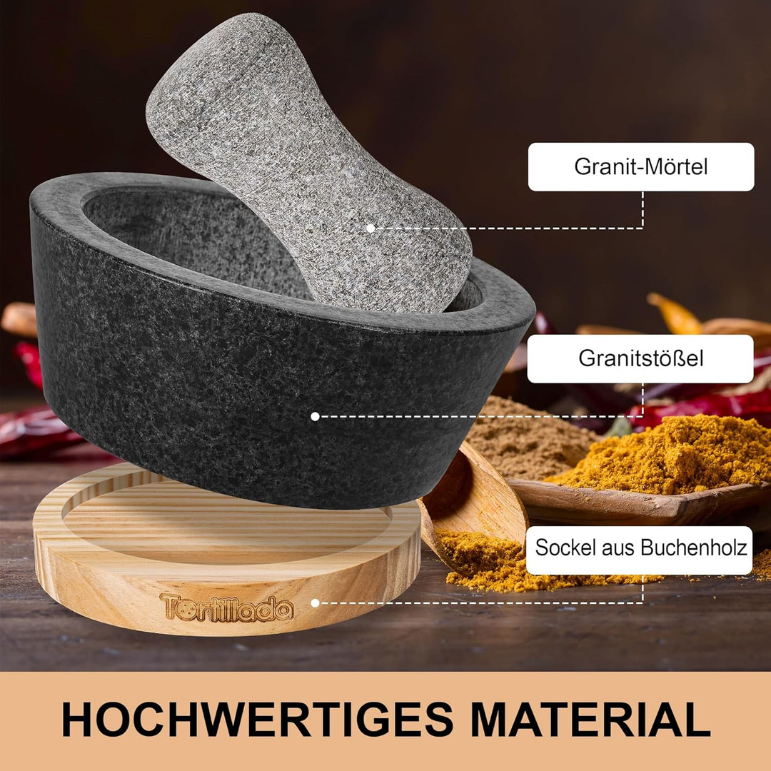 Tortillada - 16 cm XXL Mörser mit Stössel Holz Set gross aus Naturgranit mit kratzfestem Holzsockel