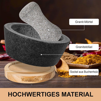 Tortillada - 16 cm XXL Mörser mit Stössel Holz Set gross aus Naturgranit mit kratzfestem Holzsockel