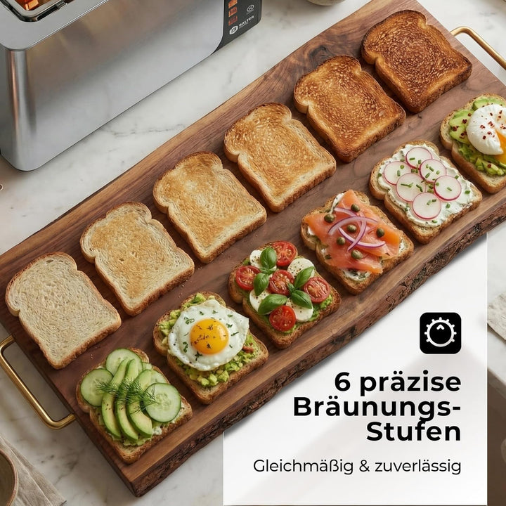 Balter Toaster 4 Scheiben, Touch Bedienung, Langschlitz, Edelstahl, Brötchenaufsatz, LCD Display Lan