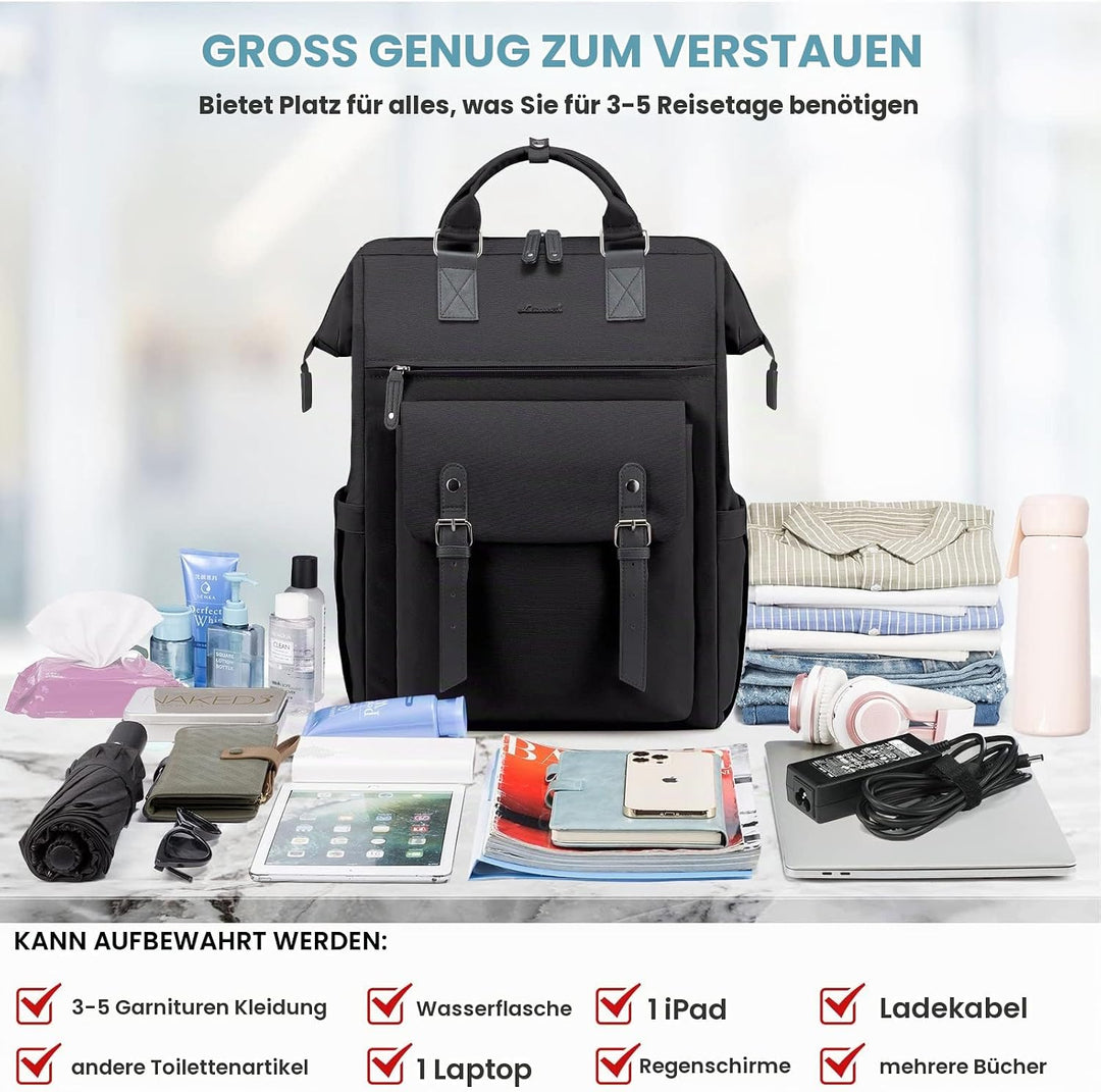 LOVEVOOK Rucksack Damen Gross, 18 Zoll Wasserdicht Reiserucksack Handgepäck Backpack Flugzeug Schwar