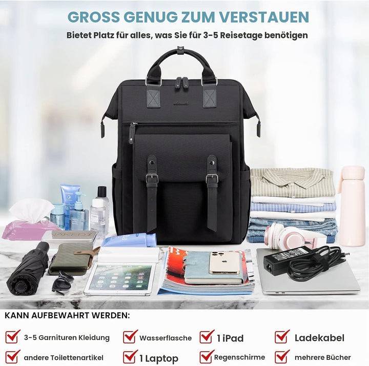 LOVEVOOK Rucksack Damen Gross, 18 Zoll Wasserdicht Reiserucksack Handgepäck Backpack Flugzeug Schwar