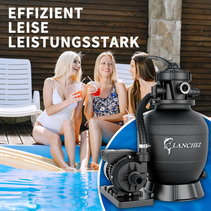 LANCHEZ Sandfilteranlage 11.500 L/h, 7-Wege-Ventil, 24h Zeitschaltuhr, 200g Filterbälle, Sandfilterk