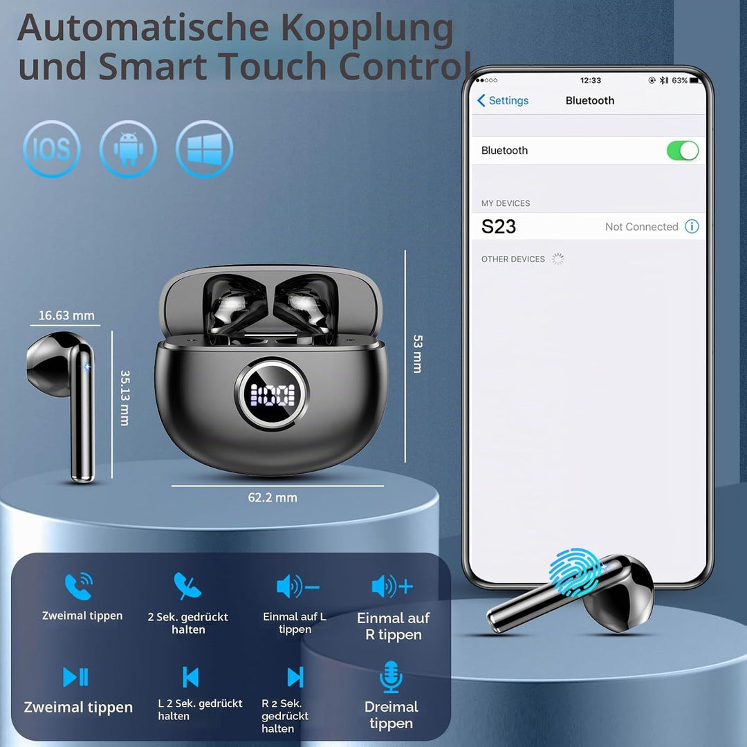 Bluetooth Kopfhörer, Kopfhörer Kabellos Bluetooth 5.4 mit 4 HD Mic Stereo HiFi, In Ear Kopfhörer 40H
