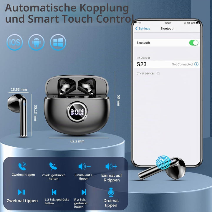Bluetooth Kopfhörer, Kopfhörer Kabellos Bluetooth 5.4 mit 4 HD Mic Stereo HiFi, In Ear Kopfhörer 40H