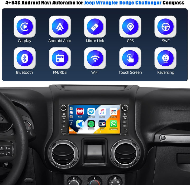 CAMECHO 4+64G 7 Zoll Android 15 Autoradio für Jeep Wrangler Dodge Challenger Compass, Navi Radio Blu