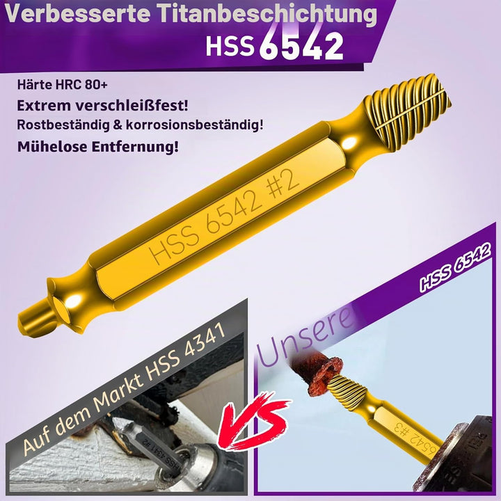 9 Stück Schraubenausdreher Set mit Titannitrid-beschichtet, HSS 6542 Stahl, Härtegrad HRC 80, Schrau