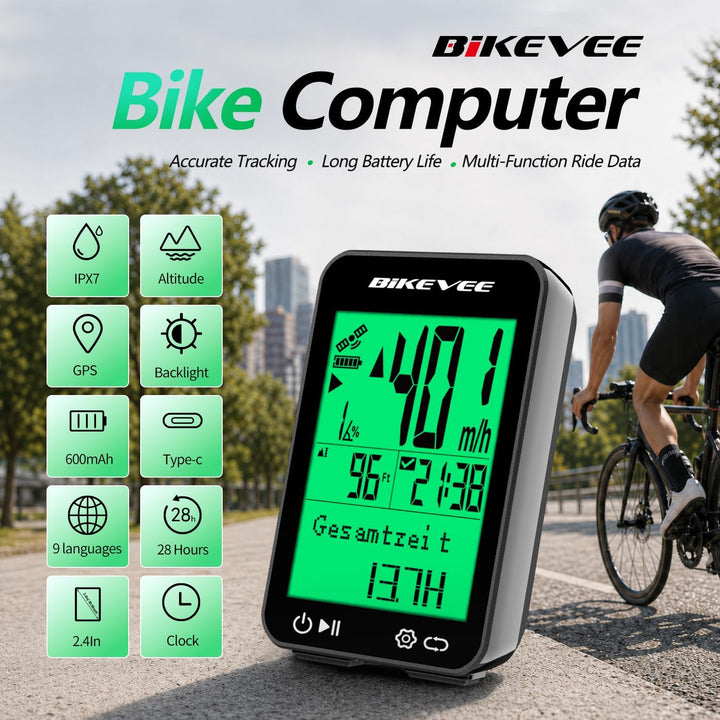 Fahrradcomputer GPS Kabellos Tacho Fahrrad IPX7 Wasserdicht 2,4 Zoll Display mit Temperatur Steigung