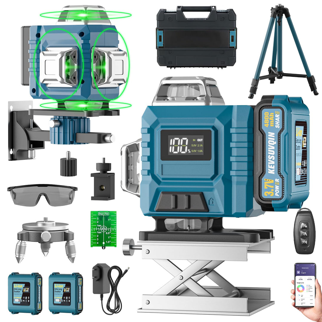 Kreuzlinienlaser mit Stativ, Laser Wasserwaage mit 2x3000mAh Batterien & LED-Anzeige, 4x360 Grad Las