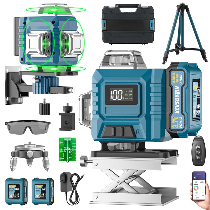 Kreuzlinienlaser mit Stativ, Laser Wasserwaage mit 2x3000mAh Batterien & LED-Anzeige, 4x360 Grad Las
