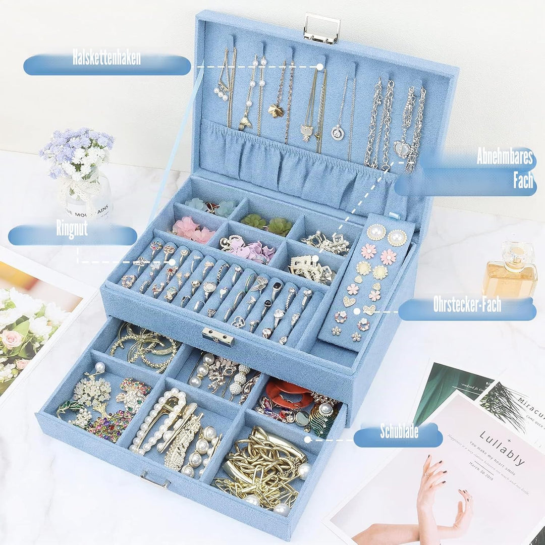 Schmuckkasten, Schmuckkästchen mit Schubladen für Damen Mädchen, Samt Schmuckbox Schmuckschatulle Gr