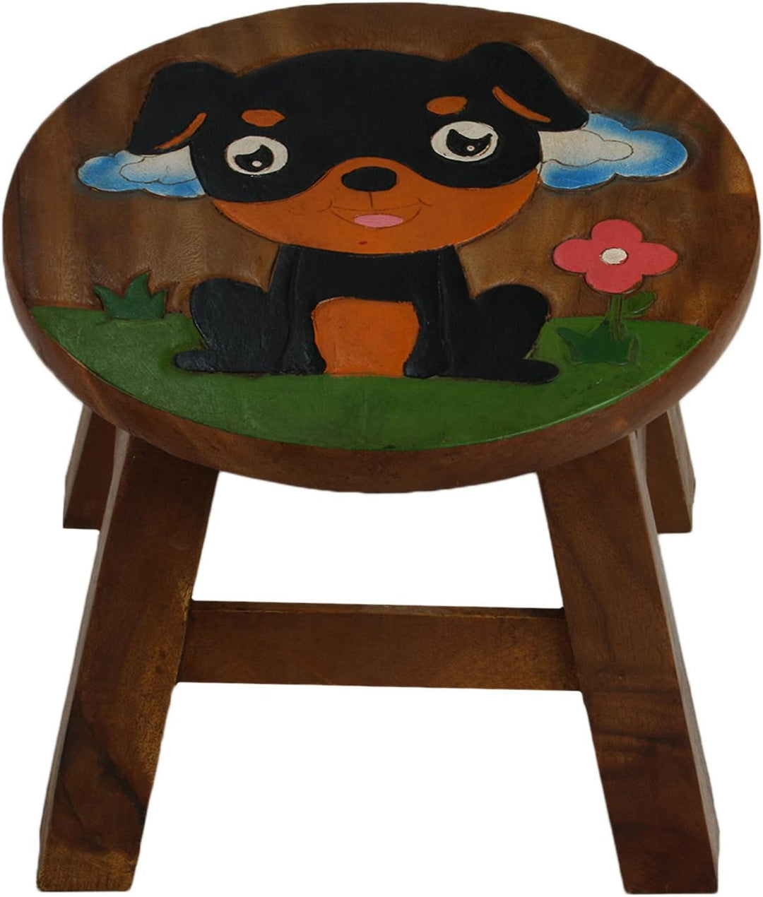 ART-CRAFT KH066 Kinderhocker Holz Schemel mit Motiv Hund bemalt und beschnitzt extra grosse Sitzfläc