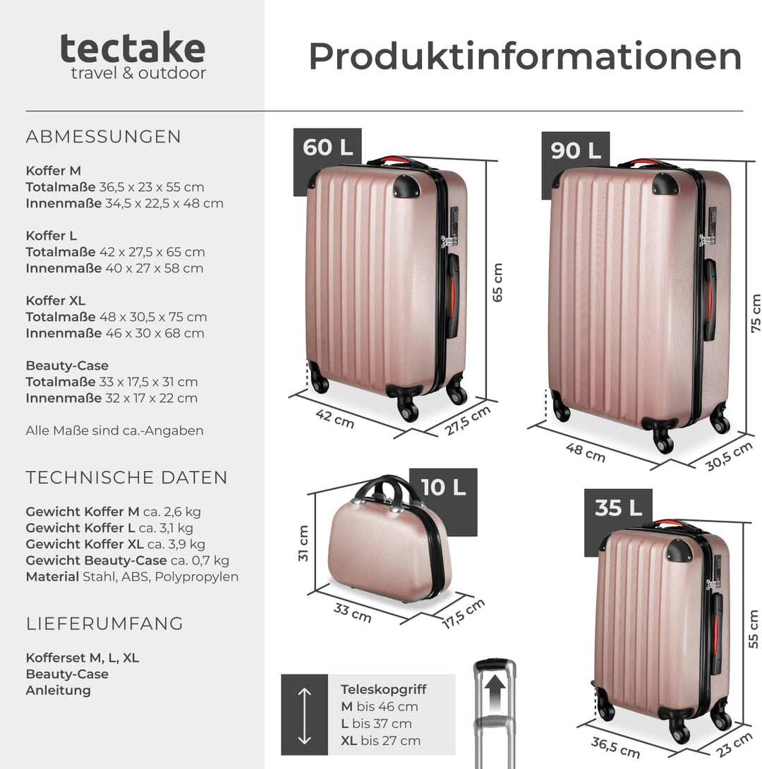 tectake 800763 Kofferset 4-TLG, robuste Hartschalenkoffer, abnehmbare Rollen 360°, ineinander stapel