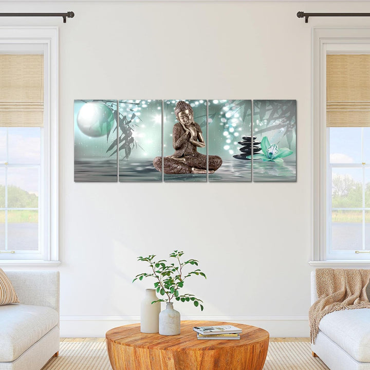 Runa Art Wandbild XXL Buddha Feng Shui Wohnzimmer Schlafzimmer 200 x 80 cm Schwarz Weiss 5 Teilig -