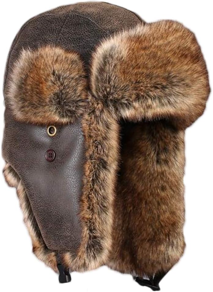Unisex Wintermütze Fliegermütze Trappermütze mit Kunstleder Fellmütze Herren Russenmütze, Braun