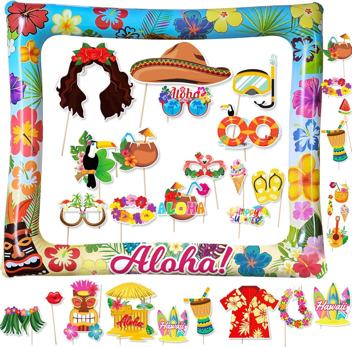 Hawaii Fotobox Accessoires 30 Stück mit Aufblasbarem Fotorahmen 75 x 65cm, Sommer Foto Requisiten, P