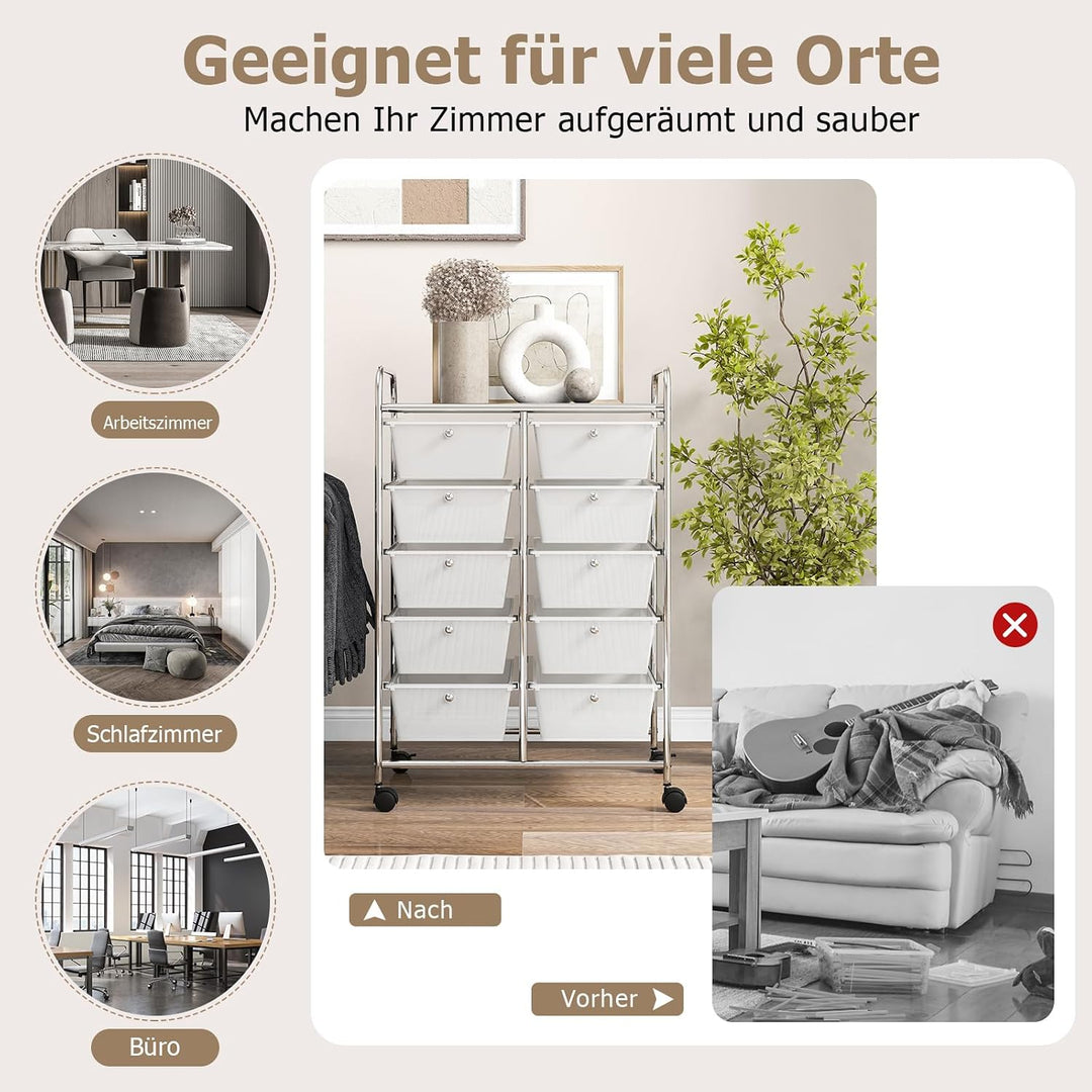 GOPLUS Rollwagen mit 10 Schubladen stapelbar, Rollcontainer mit Ablage & Metallgestell, Badregal, Au