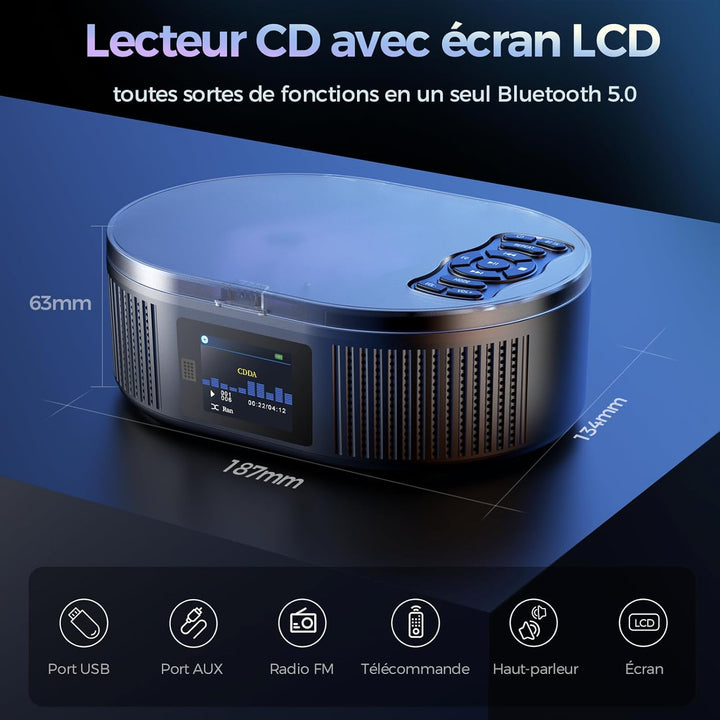 Desobry Tragbarer CD-Player mit Bluetooth, Grossem LCD-Display, Akku, Lautsprecher, AUX, USB, UKW-Ra