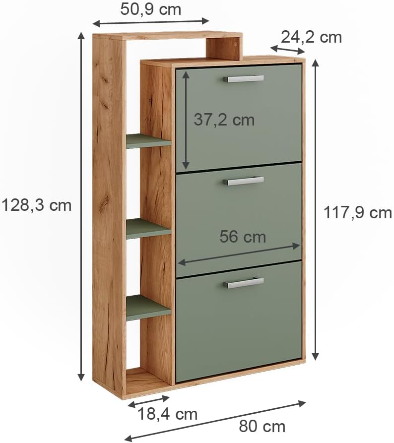 Vicco Schuhkipper Orlando, Goldkraft Eiche/Grün, 80 x 128.3 cm mit 3 Fächern, Goldkraft Eiche/Gr