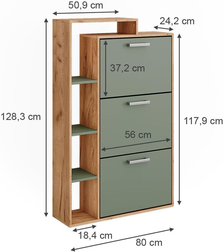 Vicco Schuhkipper Orlando, Goldkraft Eiche/Grün, 80 x 128.3 cm mit 3 Fächern, Goldkraft Eiche/Gr