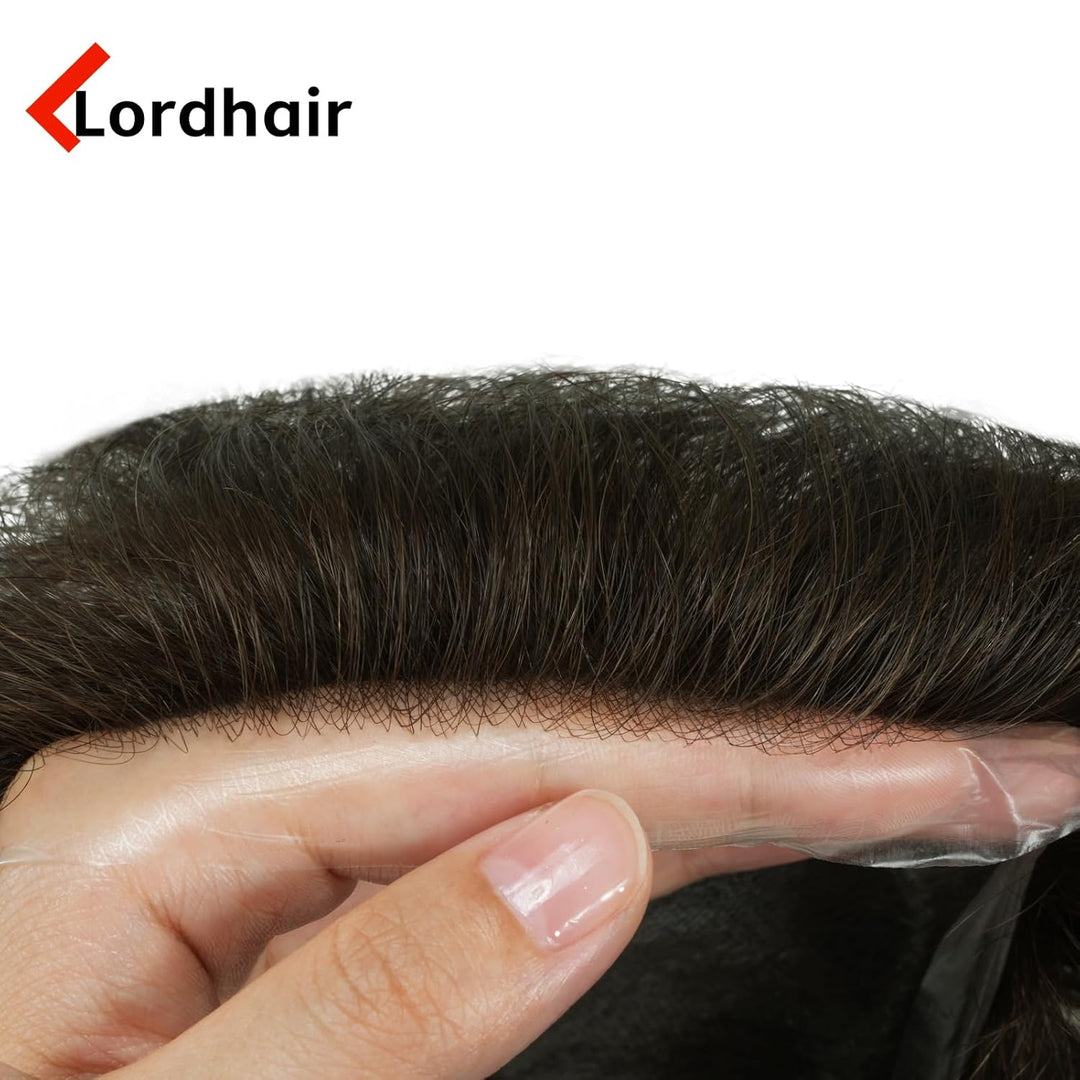 Lordhair Perücke für Herren, Toupet Herren aus natürlichem Echthaar, 0,08 mm vorn, 1/2 Zoll, V-loope