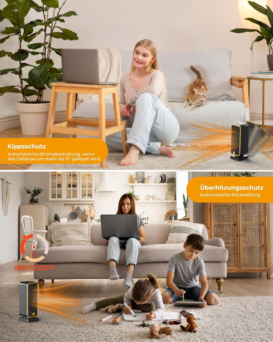 Energiesparender Heizlüfter Klein Leiser - 900W PTC Keramik Schnell Heizung Elektroheizung, 3 Gänge