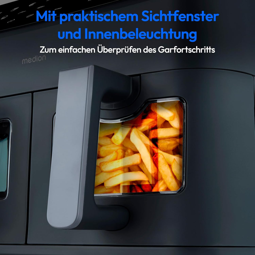 MEDION P20 XXL Heissluftfritteuse mit 2 Kammern (8,7 Liter, Airfryer, 2.600 Watt, Doppelkammer, 10 A
